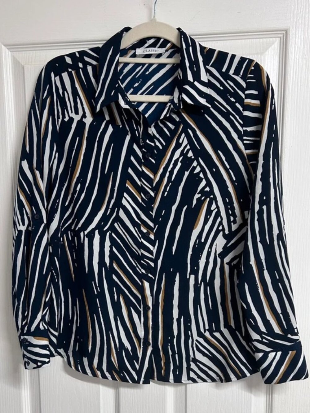 Womens Classic Abstract Stripe Print Navy Long Sleeve Shirt